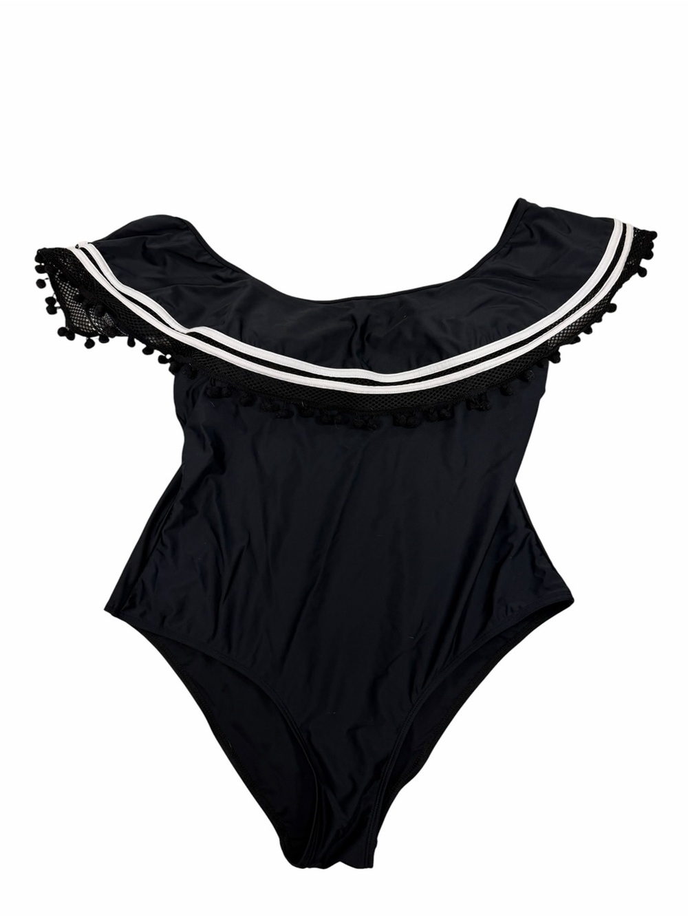 Black Off-Shoulder One-Piece Swimsuit with Pom Trim - Picture 2 of 3